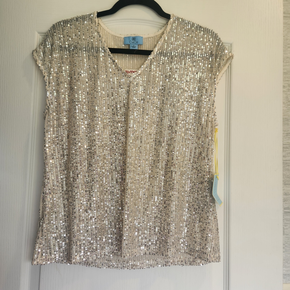 CeCe Tan Sequin Cap Sleeve Blouse Size S BNWT